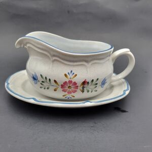 International Stoneware Gravy Boat With Under Plate Heritage Patchwork vtg Japan